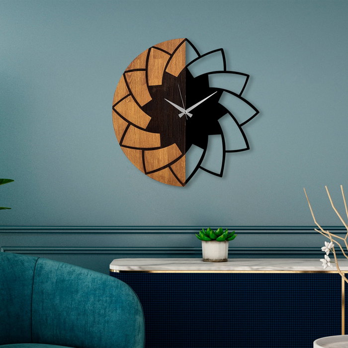 Wallity Reloj de pared decorativo de madera Nogal y Negro 56 cm